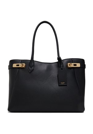 Sort tekstureret lædertaske med dobbelte håndtag, guldfarvede spændeaccenter på siderne og vedhæftet mærkeseddel med teksten "ALDO".