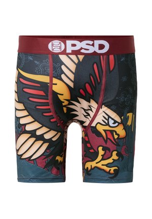 Boxer briefs con un diseño audaz y colorido de un águila, cintura roja con el logo "PSD" en blanco, y patrones de fondo intrincados en tonos oscuros.