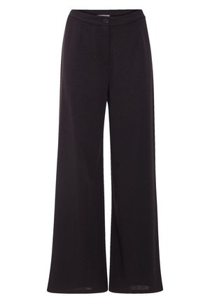 Pantalons noirs à jambe large avec une texture lisse, dotés d'un système de fermeture par bouton et d'une taille cintrée.