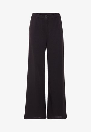 Pantalons noirs à jambe large avec une texture lisse, dotés d'un système de fermeture par bouton et d'une taille cintrée.