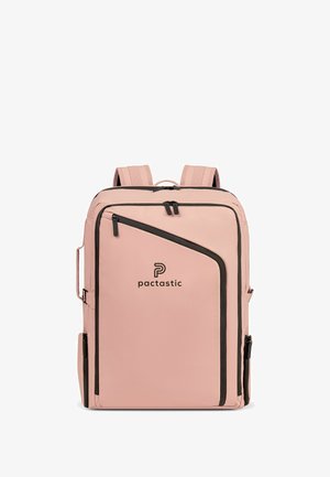 Rosa Rucksack mit schwarzen Akzenten, aus strapazierfähigem Material gefertigt. Verfügt über mehrere Reißverschlüsse, verstellbare Tragegurte und eine glatte, matte Oberfläche.