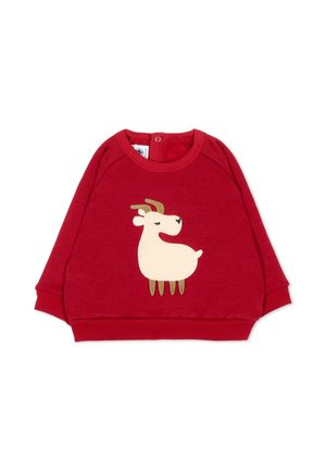 Pull bébé rouge à manches longues avec une illustration d'une chèvre beige souriante sur le devant et un bouton pression au dos du col.