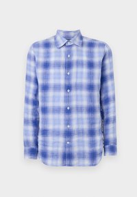 Blue and white plaid long-sleeve shirt with a button-down collar, featuring a soft texture and regular fit. Buttons visible along the front.