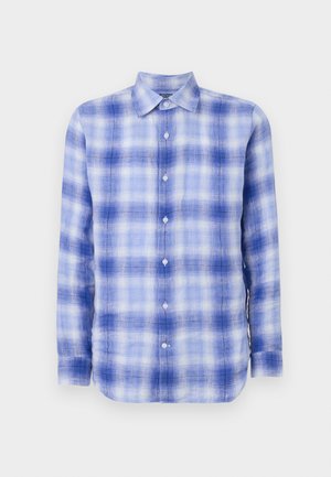 Camisa de manga longa em padrão xadrez azul e branco com colarinho abotoado, apresentando uma textura suave e um corte regular. Botões visíveis na parte da frente.