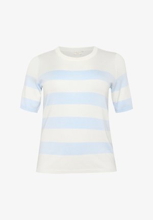 Maglione a maniche corte a righe in bianco e azzurro chiaro. Presenta un collo rotondo e una trama a maglia liscia con righe orizzontali.