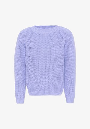 Maglione lavorato a maglia grossa color lavanda con maniche lunghe, scollo rotondo a coste, polsini e orlo, con motivo a V strutturato sulla parte anteriore.