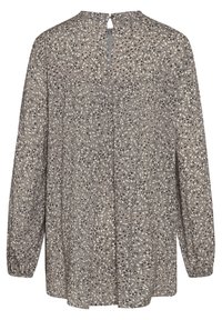 Blusa a maniche lunghe in taupe chiaro, con un motivo floreale in bianco e nero, dettagli sul retro a forma di chiave e un tessuto morbido e testurizzato.