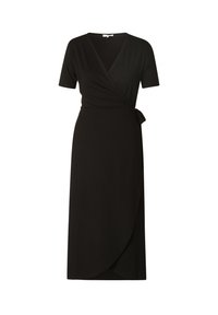 Zwarte wikkeljurk met korte mouwen, gemaakt van zachte stof. Heeft een v-halslijn, een strik in de taille en een overlappend rokontwerp.