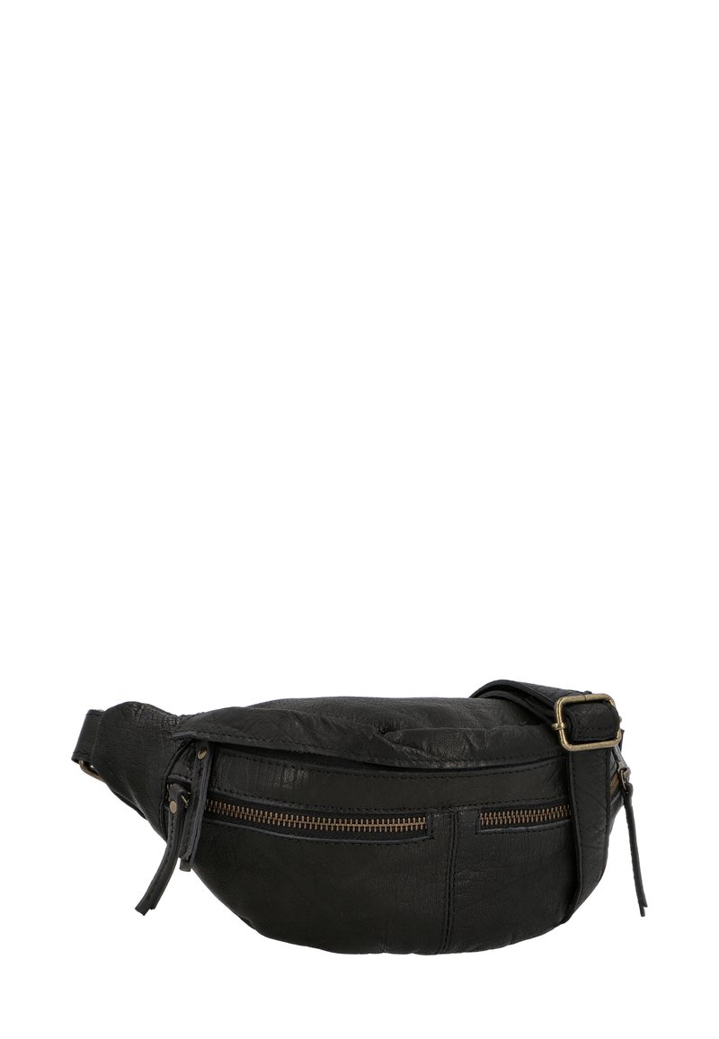 Schwarze Leder-Bauchtasche mit abgerundeter Form, ausgestattet mit einer Reißverschlusstasche und einem abnehmbaren Riemen mit Metallschnalle. Strukturierte Oberfläche.