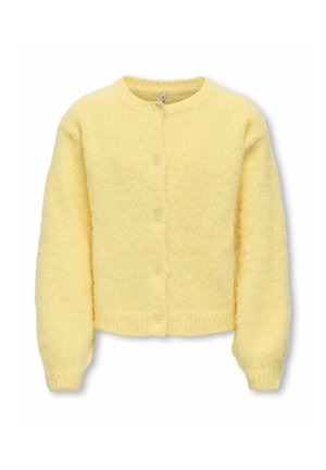 Soft, fluffy pale yellow knitted cardigan with long sleeves, round neckline, front button closure, and ribbed cuffs and hem.