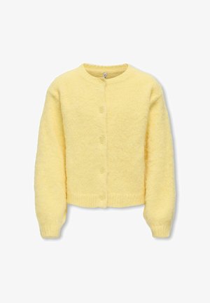 Zachte, donzige lichtgele gebreide cardigan met lange mouwen, ronde hals, knoopsluiting aan de voorkant en geribde boorden en zoom.