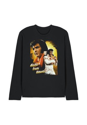 Black long-sleeve shirt featuring two images of a male singer in 1970s attire and the text "Aloha from Hawaii" with palm tree silhouettes.