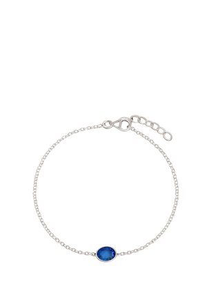 Delicato braccialetto a catena in argento con una piccola pietra ovale blu scuro al centro e chiusura regolabile con moschettone.