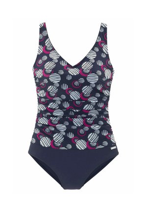 One-piece swimsuit with navy bottom and ruched top featuring white and magenta abstract circular patterns.
