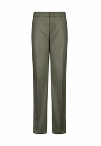Olivgrüne Hose aus glattem Material; gerade Schnittführung, Gürtelschlaufen und Fronttaschen; keine sichtbaren Muster oder Beschläge.