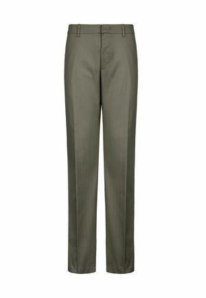 Pantalons vert olive en tissu lisse ; coupe droite, passants de ceinture et poches avant ; sans motifs visibles ni éléments métalliques.