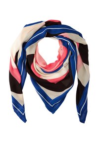 Silketørklæde med geometrisk mønster i blå, pink, sort og creme, med en blød tekstur og færdige kanter, formet som en trekant.