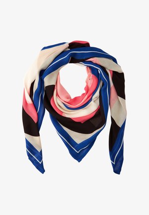 Zijden sjaal met een geometrisch patroon in blauw, roze, zwart en crème, met een zachte textuur en afgewerkte randen, in de vorm van een driehoek.