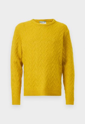 Gelber gestrickter Pullover mit einem strukturierten Zopfmuster. Verfügt über einen Rundhalsausschnitt sowie gerippte Säume und Bündchen. Hergestellt aus weichem Material.