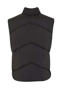 Zwarte mouwloze puffer-vest met een hoge kraag, voorzien van diagonale quiltpatronen en een gladde, matte textuur.