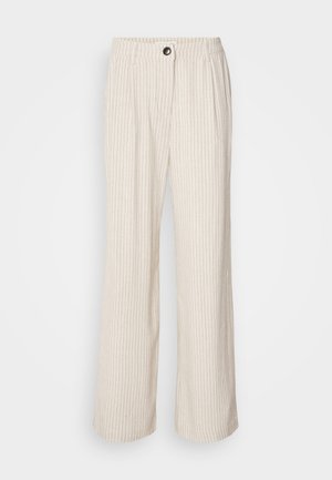 Světle béžové kalhoty s širokými nohavicemi a vertikálními pruhy, s elastickým pasem a zapínáním na knoflík. Vyrobeno z texturované tkaniny pro uvolněný střih.