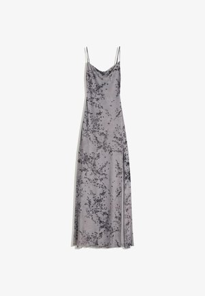 Világosszürke szatén ruha állítható pántokkal, sötétszürke virágmintával. Redőzött kialakítású, áramló sziluettel.