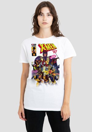 White cotton T-shirt featuring a colorful X-Men graphic print depicting various characters with bold text and comic-style detailing.