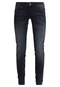 Mörka jeans i slim fit med klassisk femfickdesign, subtil slitning och silverknappsstängning vid midjan.