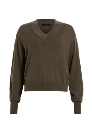 Maglione corto verde oliva, scollo a V, maniche lunghe, polsini e orlo a costine. Texture morbida, tessuto leggero, design minimalista.