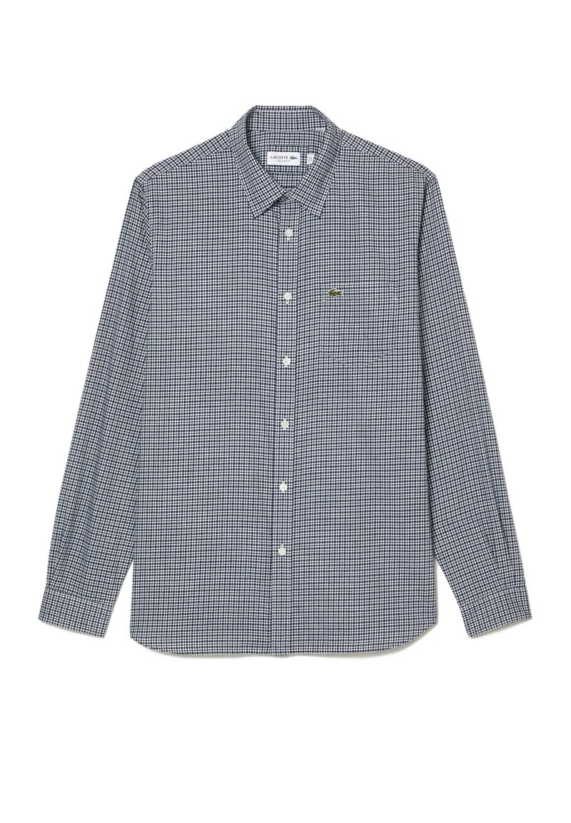 Camicia a maniche lunghe a scacchi in blu navy e bianco, con colletto button-down e piccolo logo ricamato sul petto. Realizzata in tessuto.