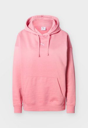 Růžová mikina s kapucí z měkké látky, vybavená kapsou kangaroo, kapucí se šňůrkami a malým bílým logem na hrudi. Klasický střih a žebrované manžety.