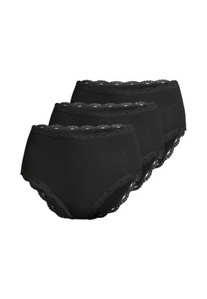 Three black ribbed cotton women’s briefs with lace trim around waist and leg openings, stacked diagonally on white background.