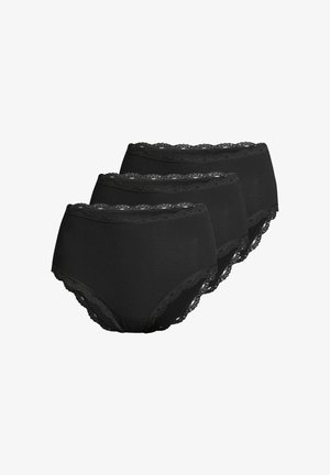 Drei schwarze, gerippte Damenunterhosen aus Baumwolle mit Spitzenbesatz an Taillen- und Beinabschlüssen, diagonal auf weißem Hintergrund gestapelt.