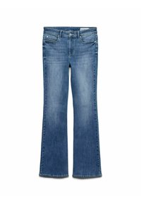 Uitlopende blauwe jeans, gemaakt van denim, met een middelhoge taille, vijf zakken en subtiele slijtageplekjes langs de bovenbenen.