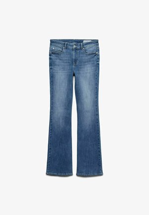 Jean bleu évasé, en denim, avec une taille mi-haute, cinq poches et un léger effet délavé sur les cuisses.