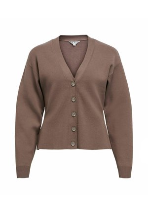 Cardigan marrone lavorato a maglia, a scollo a V, maniche lunghe, con sei bottoni sul davanti. Il tessuto è morbido con una texture liscia e polsini a costine.