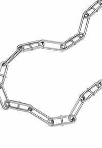 Metallkette, die aus miteinander verbundenen, länglichen ovalen Gliedern mit einer glänzenden Silberoberfläche besteht. Glatte Textur mit abgerundeten Kanten und gleichmäßigen Abständen.