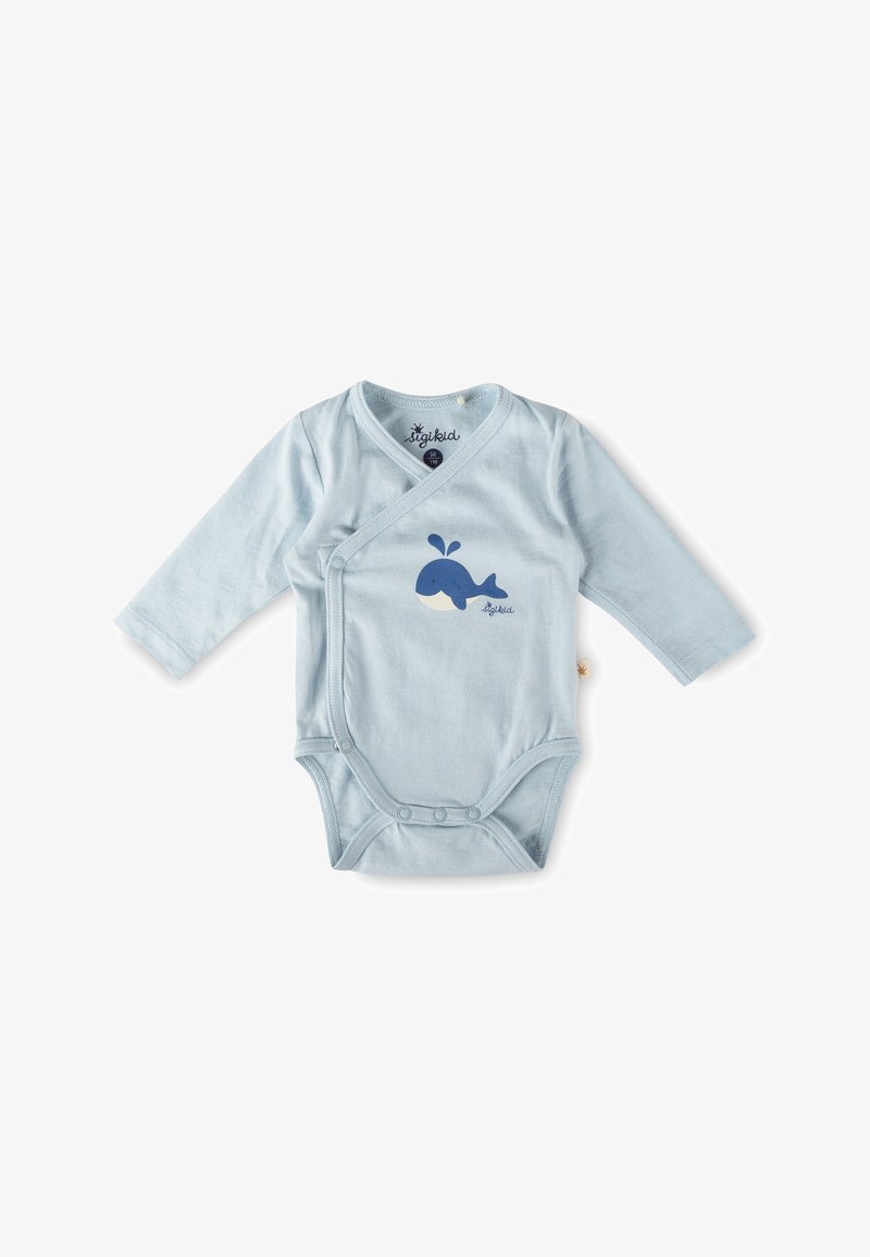Body bébé bleu clair à manches longues avec boutons-pression et un motif de baleine bleu foncé sur le devant, taille 1 mois.