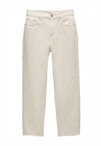 Jean beige à jambes larges en denim de coton, doté de cinq poches, d'une fermeture par bouton en métal et de coutures contrastantes. Texture lisse.