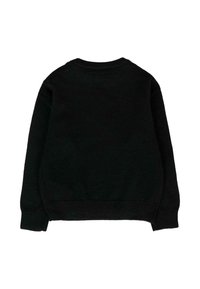 Maglione nero lavorato a maglia, colletto a giro, maniche lunghe, polsini e orlo a coste. Texture liscia senza motivi o decorazioni visibili.