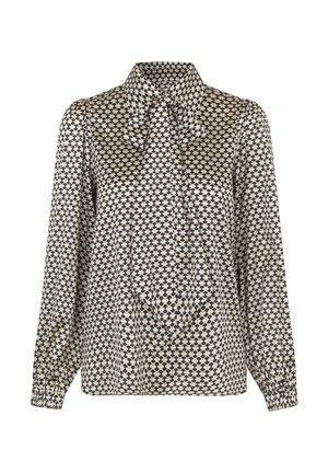 Langärmlige Bluse in Creme und Schwarz mit geometrischem Muster. Mit einem Kragen und einer Schleifendetail sowie elastischen Bündchen. Glatte Textur.