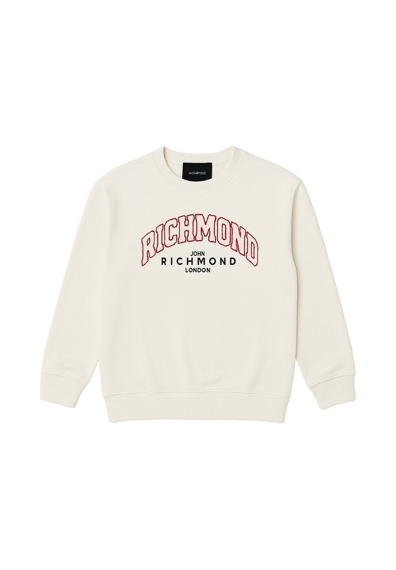 Felpa crema con maniche lunghe, polsini e orlo a coste. Presenta un ricamo rosso con la scritta "RICHMOND JOHN RICHMOND LONDON" sul petto.