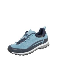 Light blue hiking shoe with a textured suede upper, navy accents, GORE-TEX logo, and a rugged treaded sole for traction.