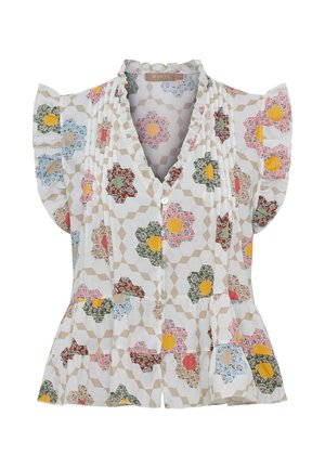 Kortærmet bluse med flæser på kraven og ærmerne, med et geometrisk blomsterprint i pastelfarver på en hvid baggrund.