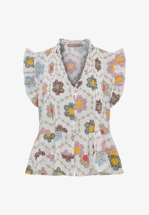 Kortærmet bluse med flæser på kraven og ærmerne, med et geometrisk blomsterprint i pastelfarver på en hvid baggrund.