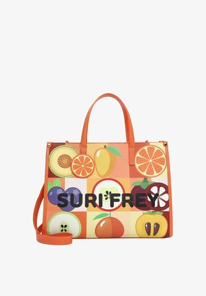 Orange-handled tote bag with colorful fruit illustrations and "SURI FREY" text on the front, including a round orange fruit charm.