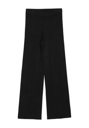 Pantaloni a gamba larga neri realizzati in tessuto morbido, con una vita alta e una superficie liscia, uniforme, priva di motivi o accessori visibili.
