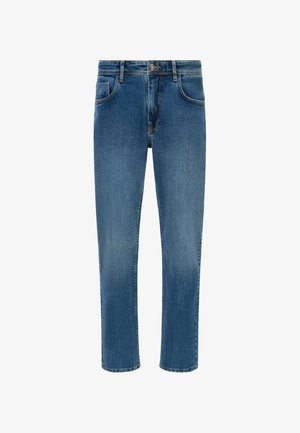 Modri jeans z ravnim krojem, oblikovani s petimi žepi in kontrastnim šivanjem. Rahlo zbledel videz za sproščen videz.