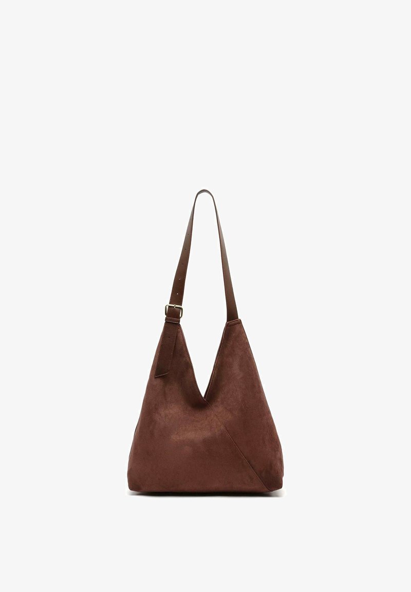 Brown suede shoulder bag with a single adjustable strap and a wide, slouchy triangular shape.