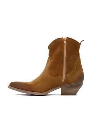 Stivale alla caviglia in suede marrone con punta affusolata, zip laterale e tacco impilato. Presenta una texture liscia e ritagli in stile western.